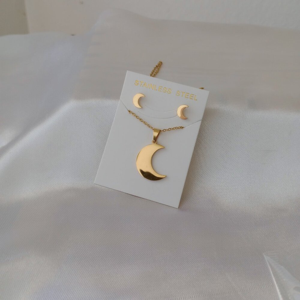 Gold Crescent Moon Jewelry Set — Stainless Steel Necklace & Dainty Stud Earrings